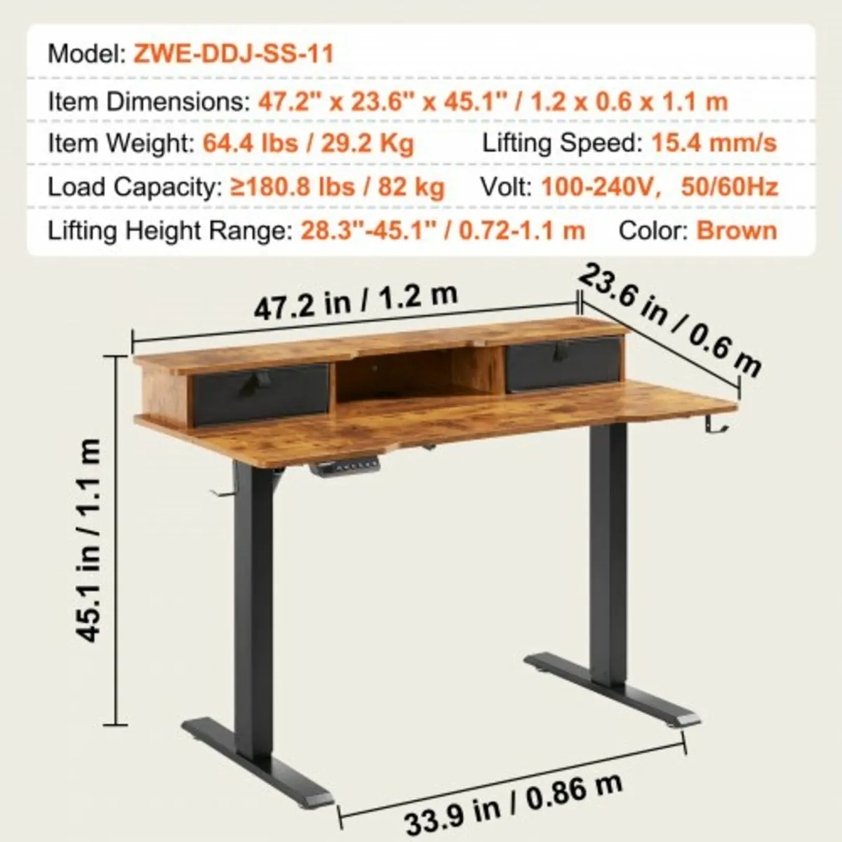 Height Adjustable Desk, 47.2" x 23.6" Electric Dua - Image 3