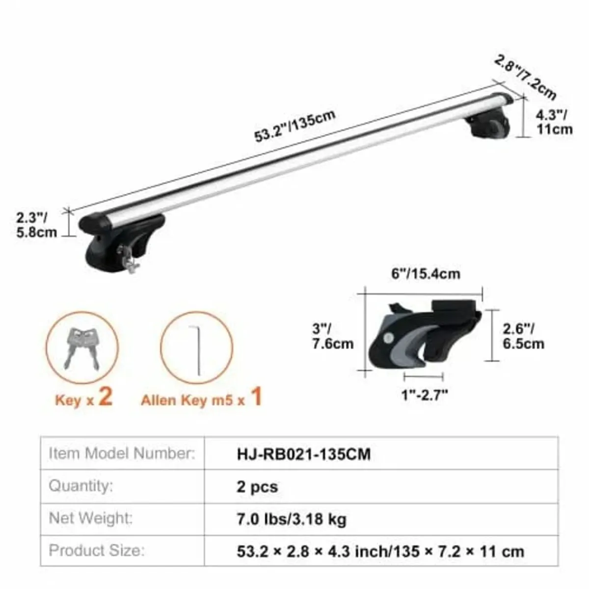 Roof Rack Crossbar 135.1 cm Length for Vehicle w/ - Image 4