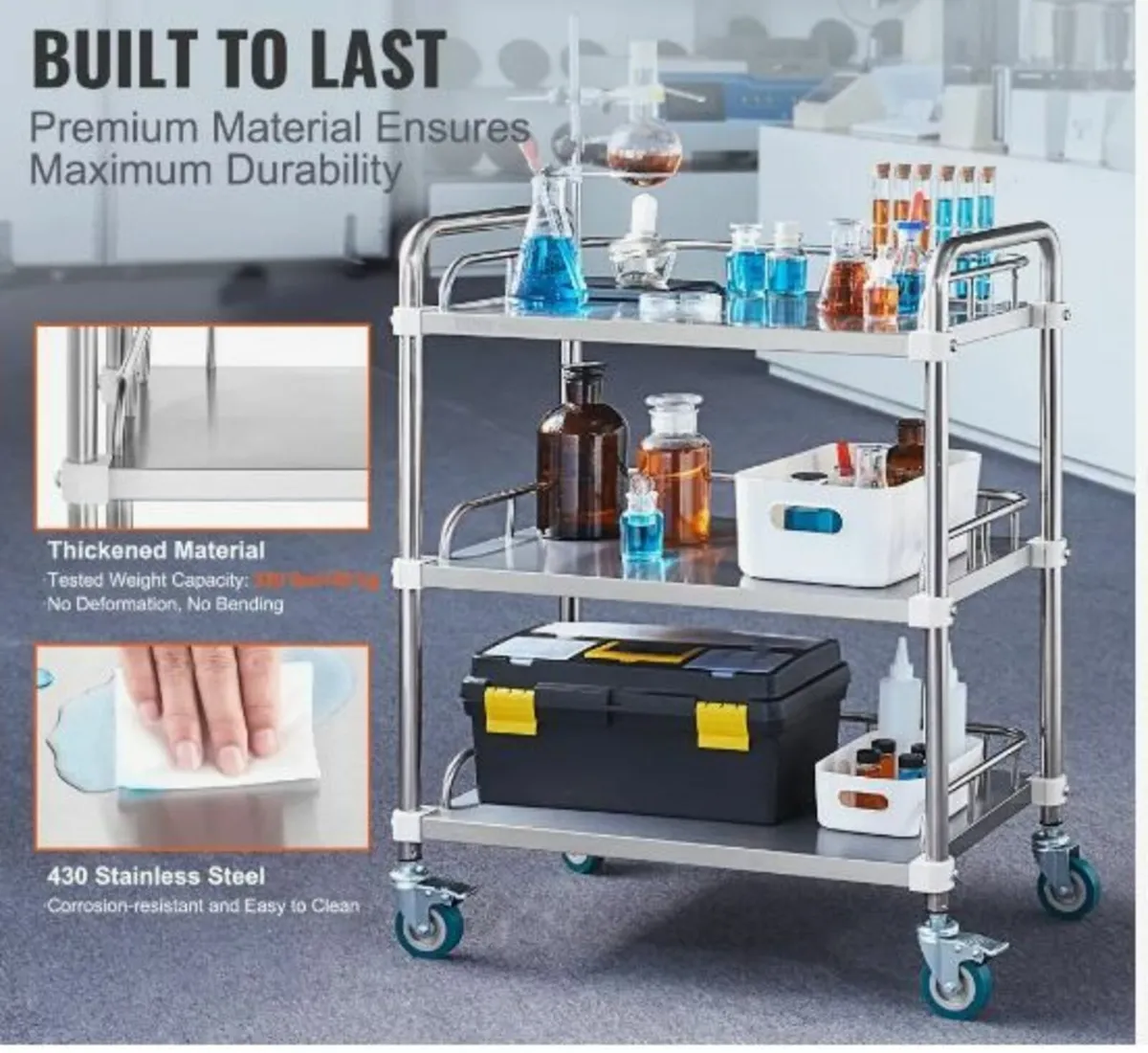 Lab Rolling Cart, 3-Shelf Stainless Steel - Image 4