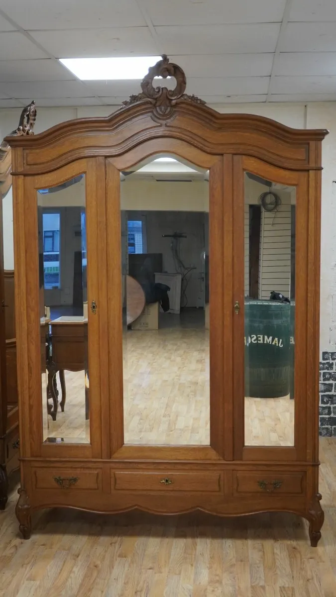 French Oak Triple-Door Mirrored Armoire / Wardrobe - Image 2