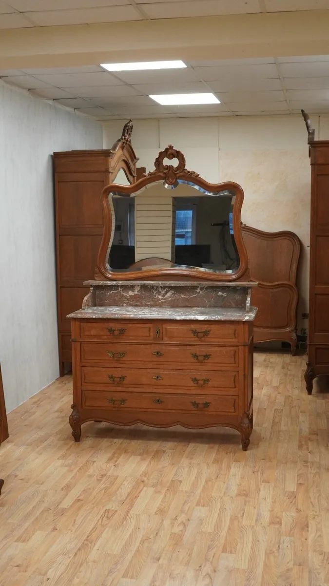 French Oak Marble-Top Dresser with Mirror - Image 1