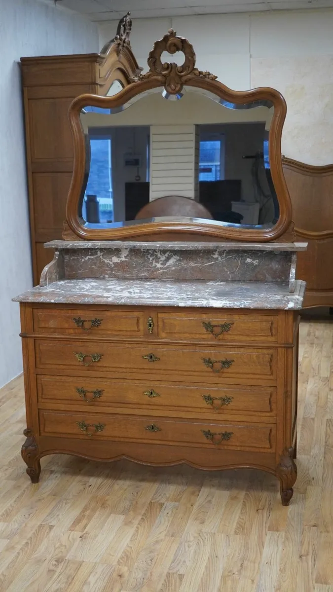 French Oak Marble-Top Dresser with Mirror - Image 2