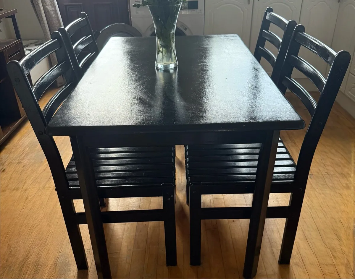 Solid wood, black painted dining table & 4 chairs. - Image 1