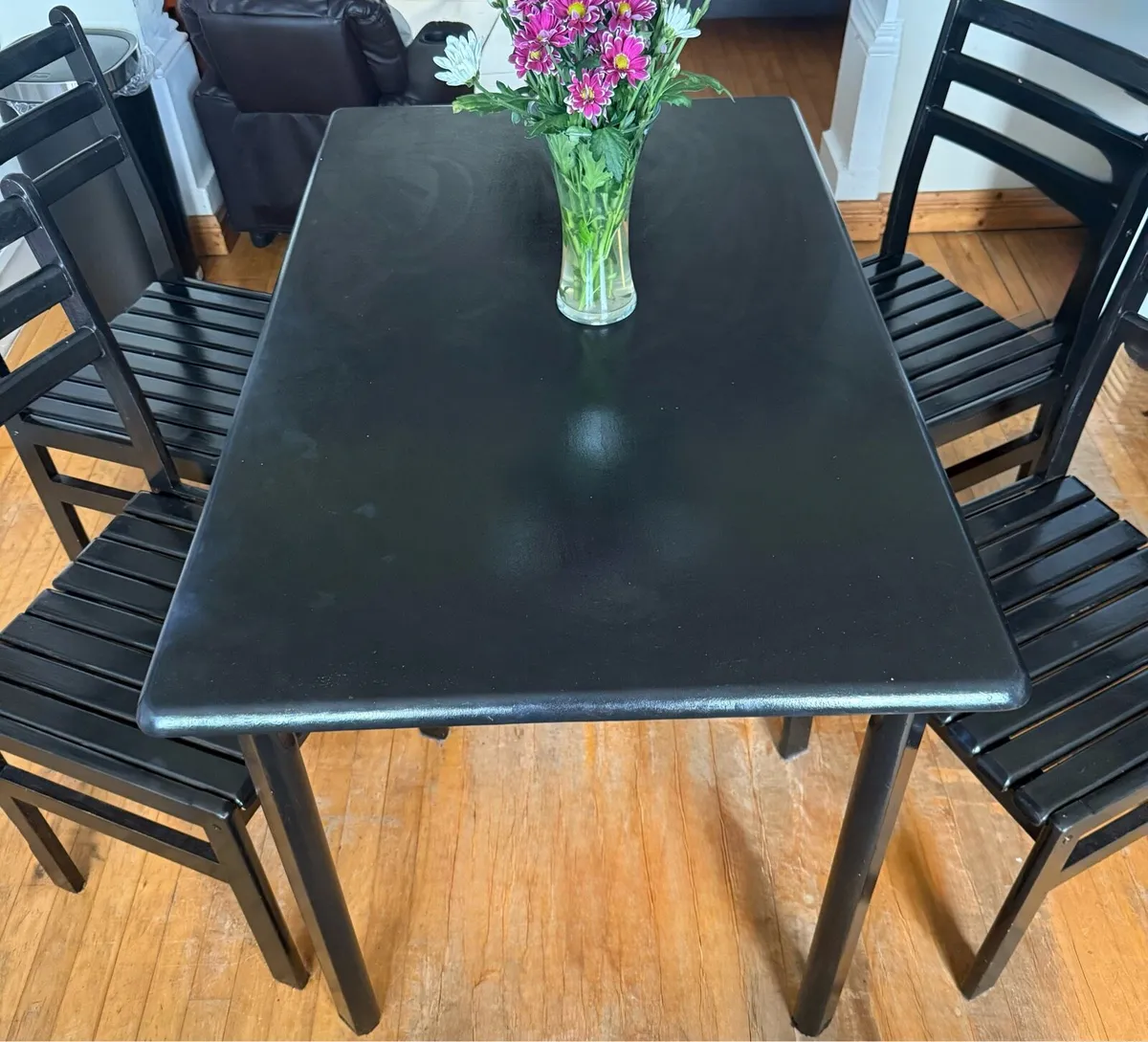 Solid wood, black painted dining table & 4 chairs. - Image 2