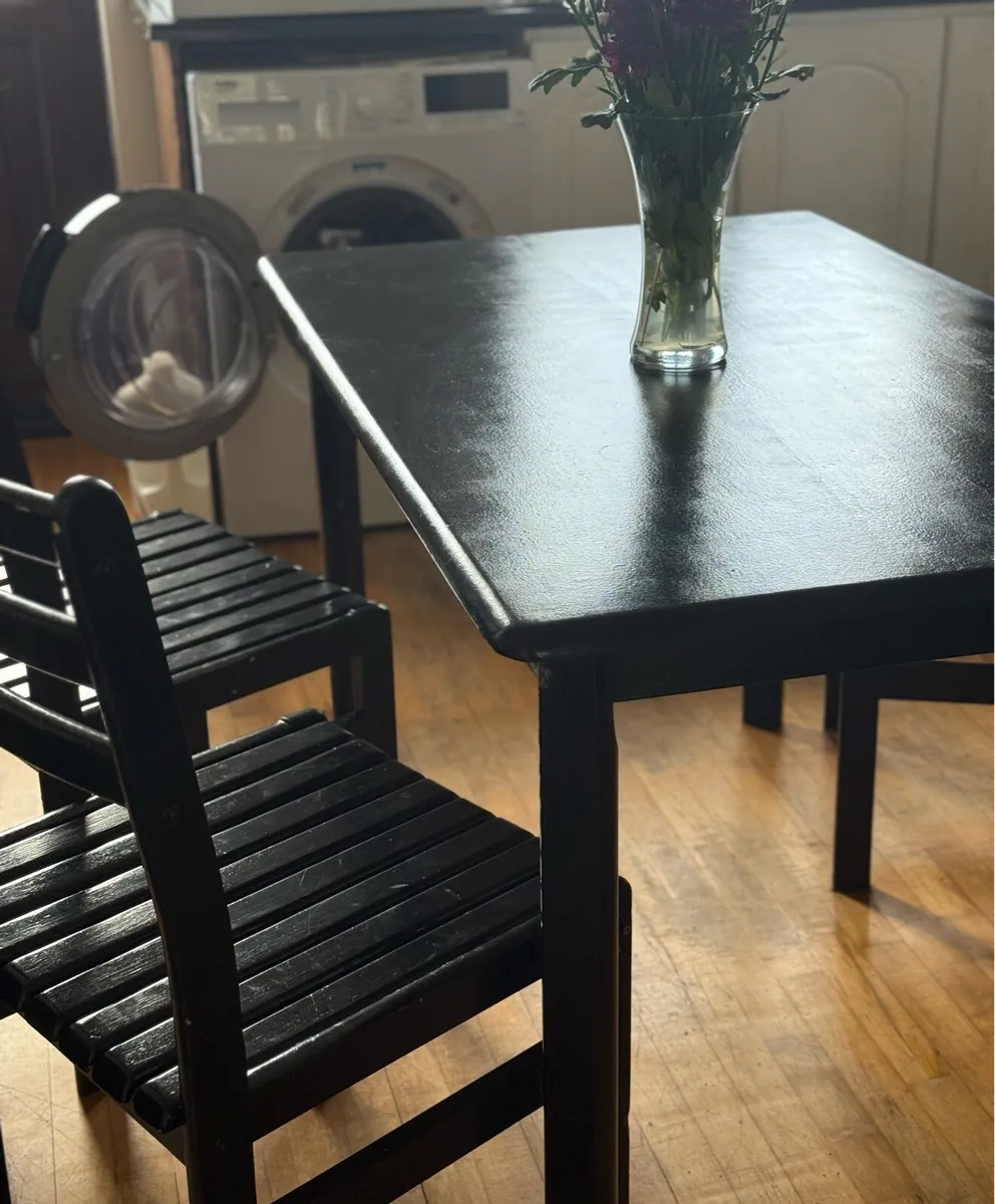 Solid wood, black painted dining table & 4 chairs. - Image 3