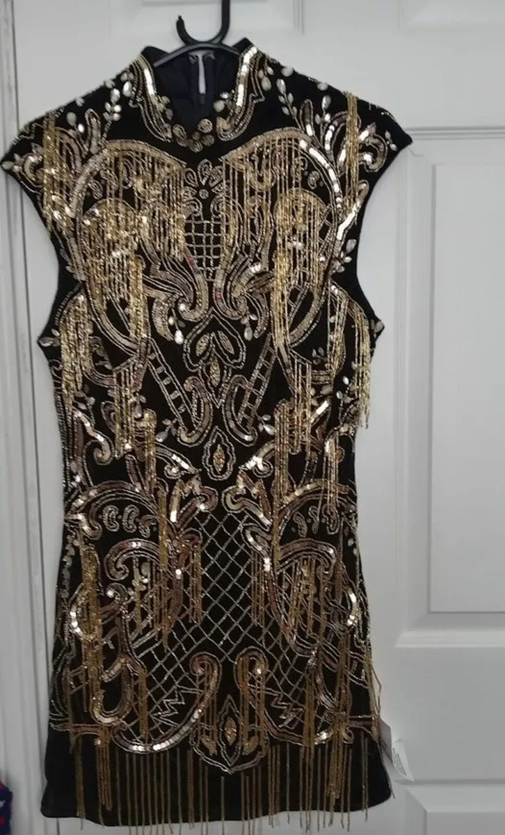 ASOS DESIGN Black & Gold Beaded Sequin Mini Dress - Image 1