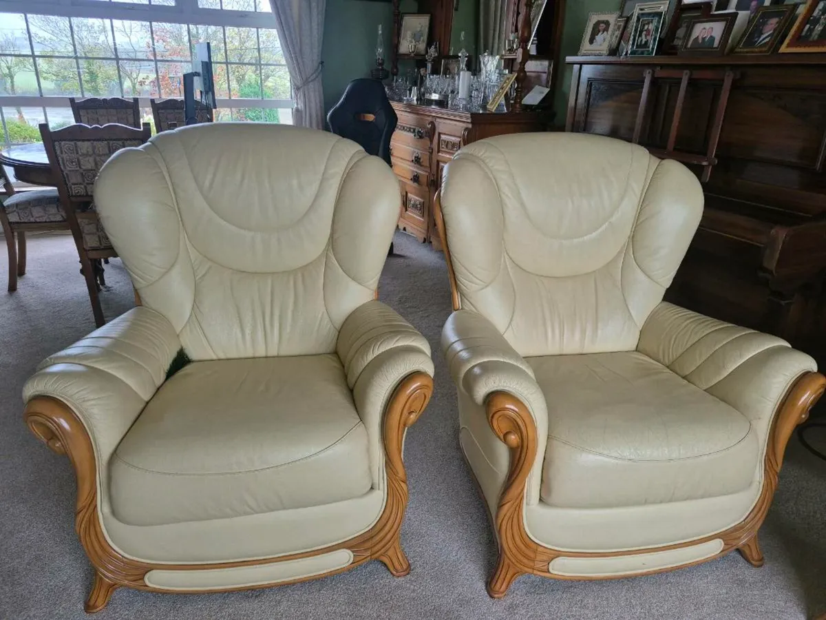 Cream Genuine Leather Sofa & Armchairs - Image 2