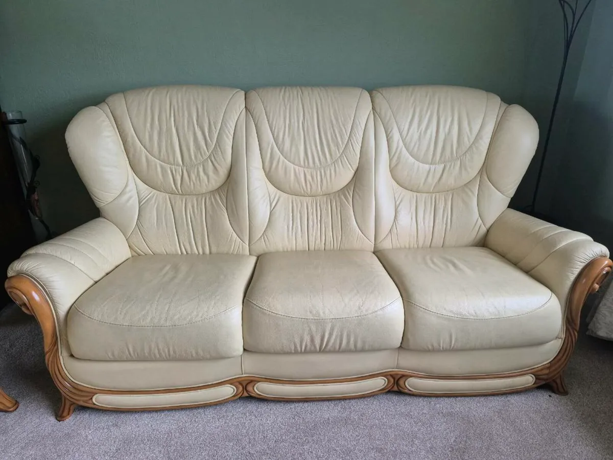 Cream Genuine Leather Sofa & Armchairs - Image 1