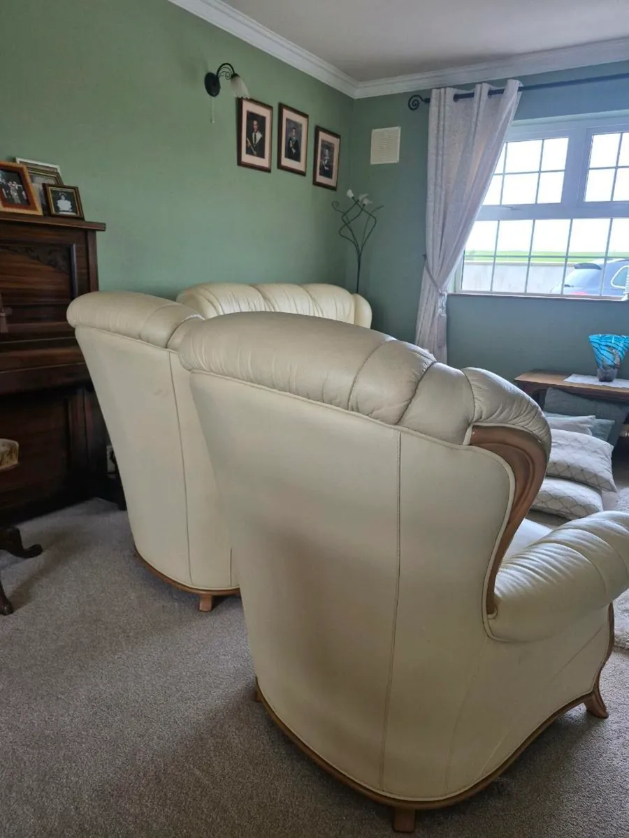 Cream Genuine Leather Sofa & Armchairs - Image 3