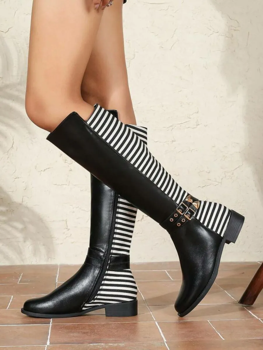 Statement Striped Knee-High Boots – Bold Elegance - Image 1