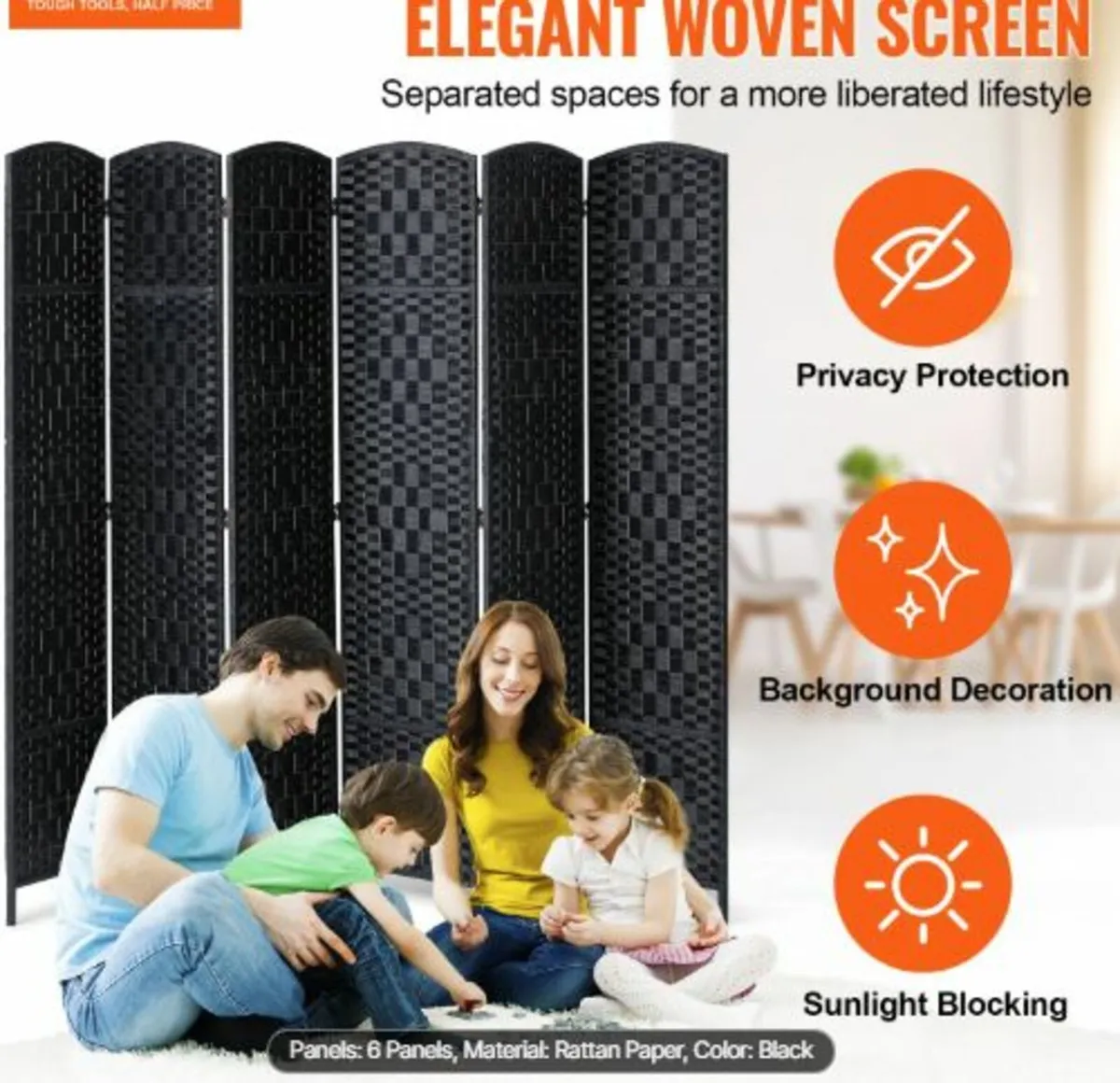 6 Panel Room Divider, Hand-Woven Folding Privacy - Image 2