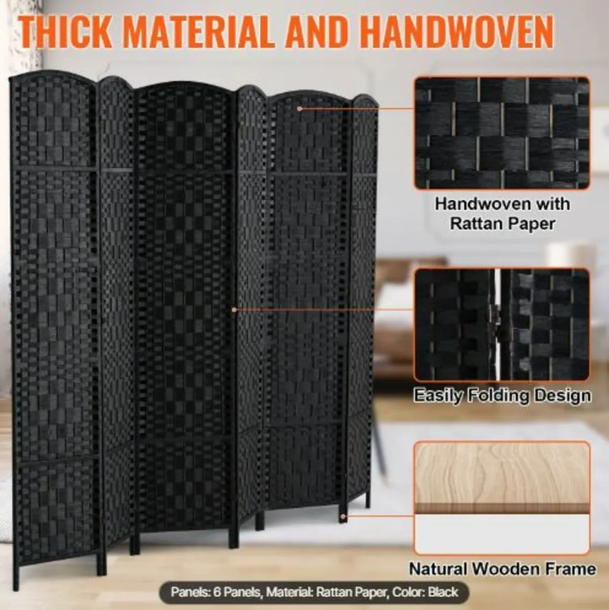 6 Panel Room Divider, Hand-Woven Folding Privacy - Image 3