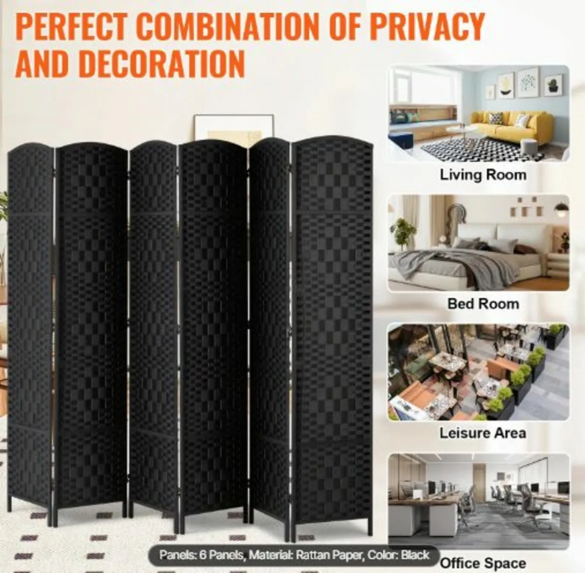 6 Panel Room Divider, Hand-Woven Folding Privacy - Image 4
