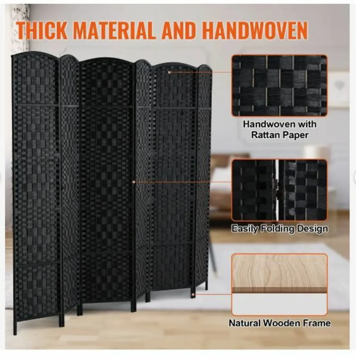 6 Panel Room Divider, Hand-Woven Folding - Image 4