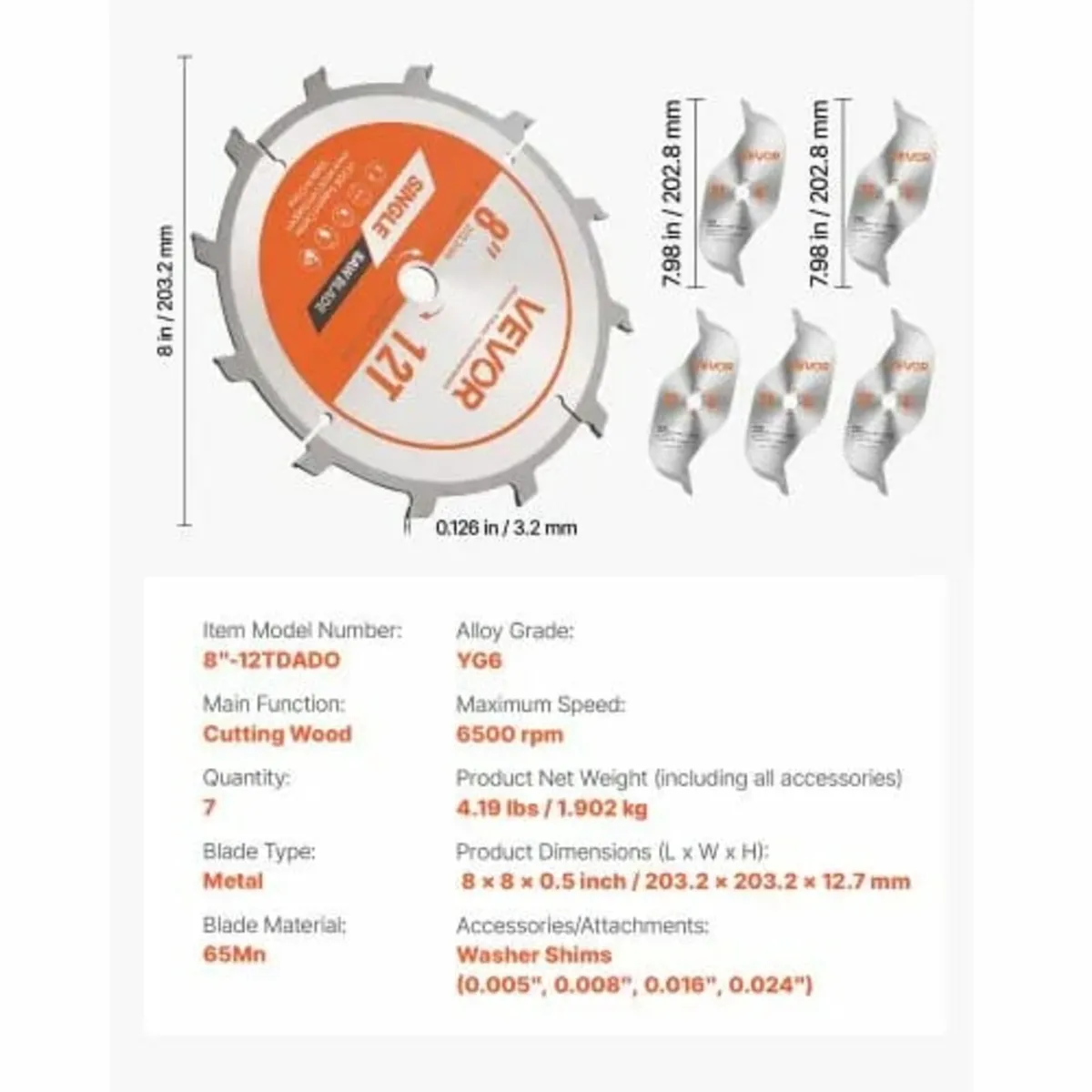 Dado Blade Set, 203 mm Diameter, 12 Sharp Alloy Te - Image 2