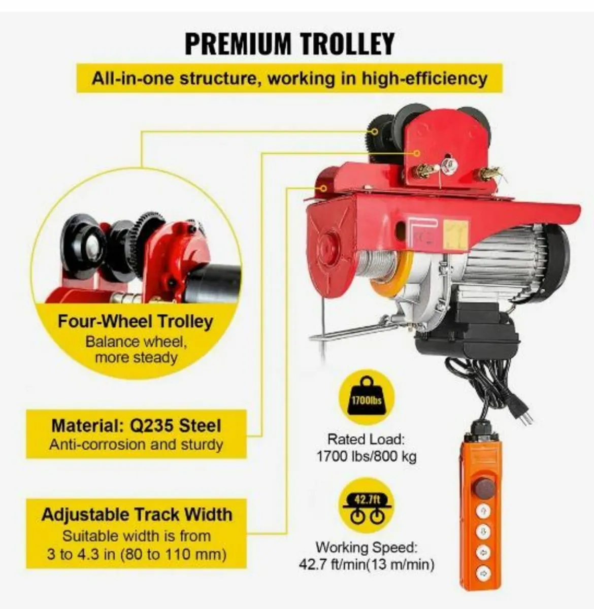 800Kg/1700Lbs Electric Trolley Hoist 1300W - Image 1