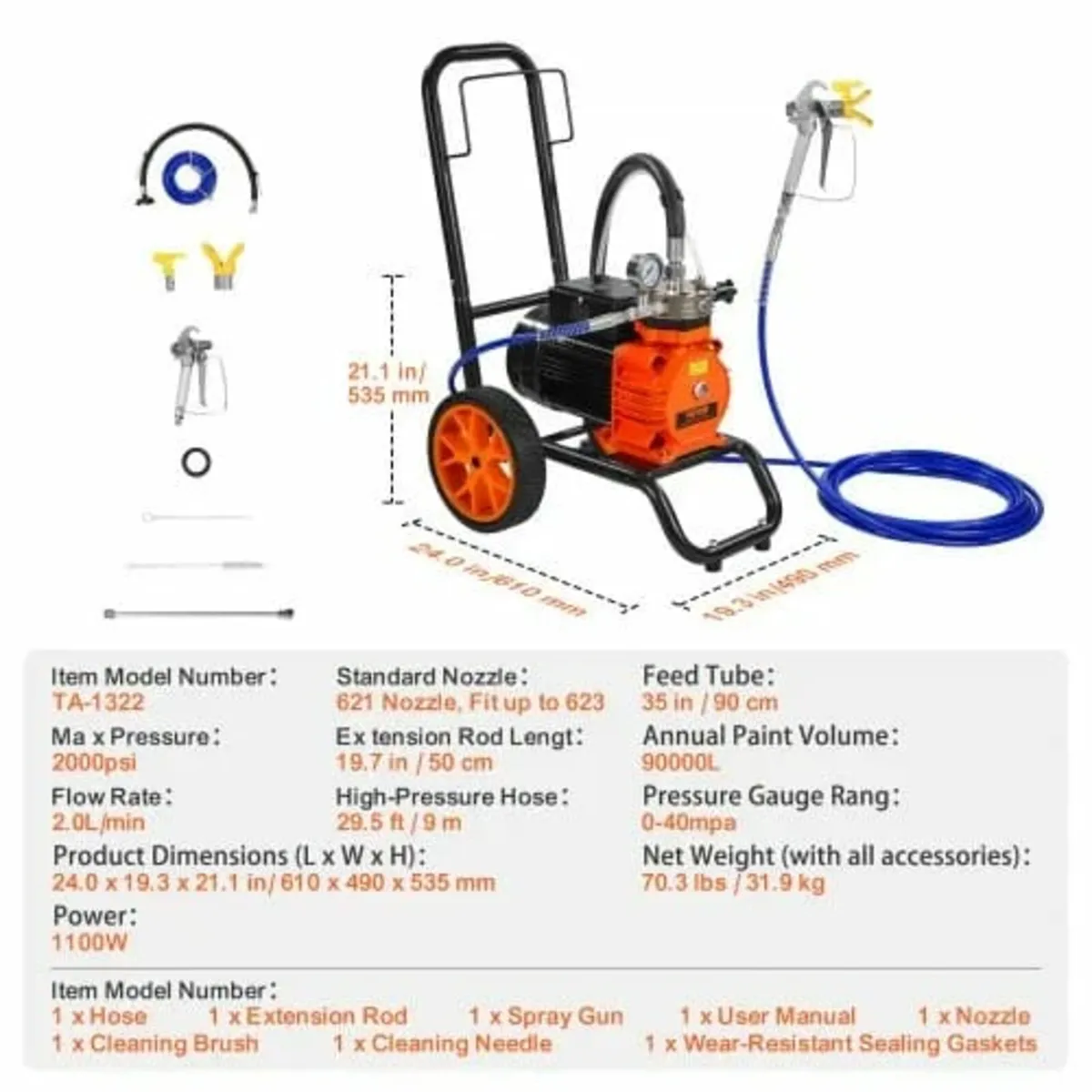 Airless Paint Sprayer, 1100 W Efficiency Cart Airl - Image 3