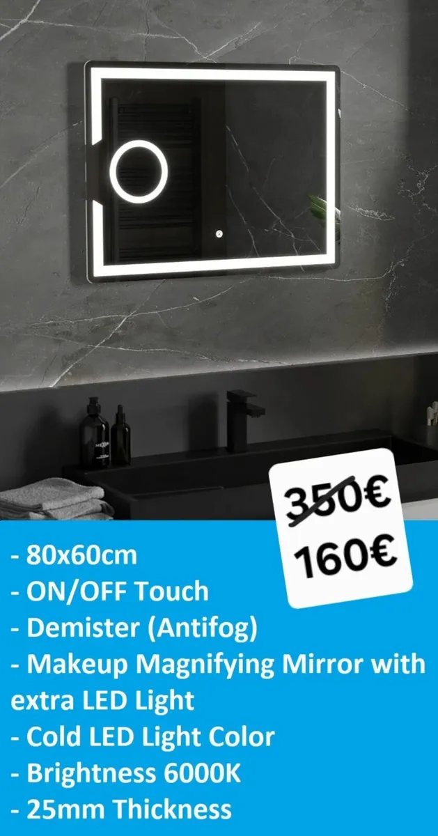 LED Bathroom Mirror Makeup Demister Antifog 80x60 - Image 1