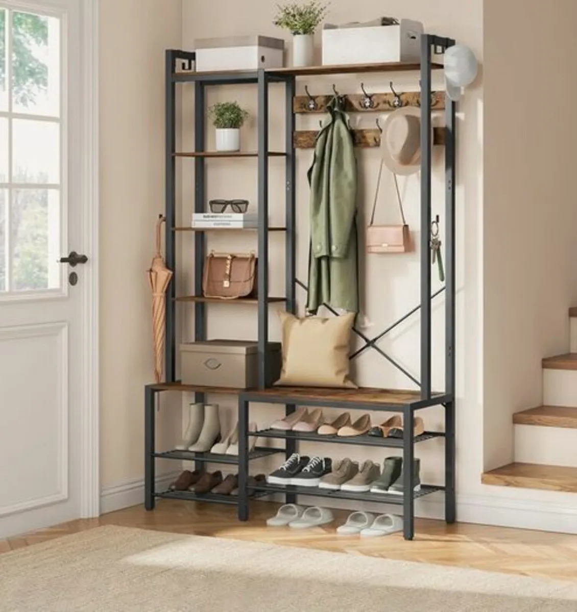 Coat Stand with Shoe Bench, 5 Shelves, 9 Triple Ho - Image 1