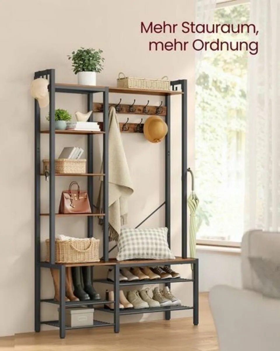 Coat Stand with Shoe Bench, 5 Shelves, 9 Triple Ho - Image 2