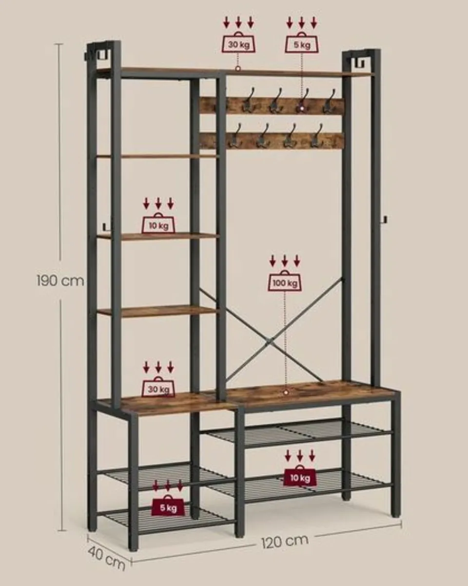 Coat Stand with Shoe Bench, 5 Shelves, 9 Triple Ho - Image 3