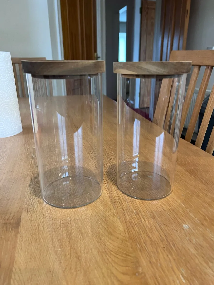 2x Glass Storage Jars with Wooden Lids – Like New - Image 1