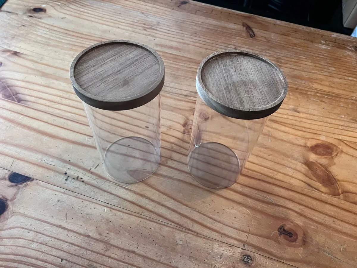 2x Glass Storage Jars with Wooden Lids – Like New - Image 2
