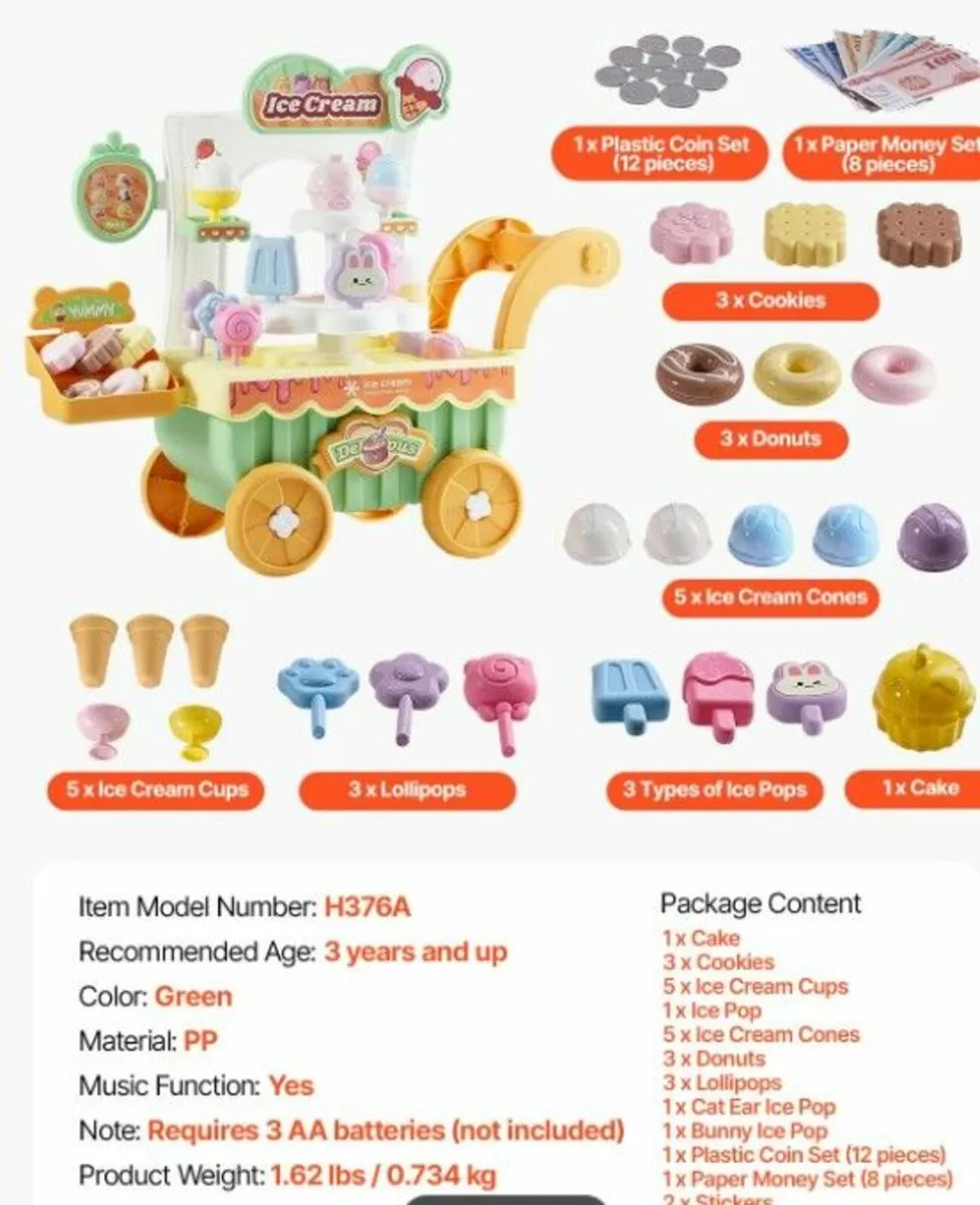 Kids Ice Cream Cart Playset | Lights & Music 3+ Ye - Image 4