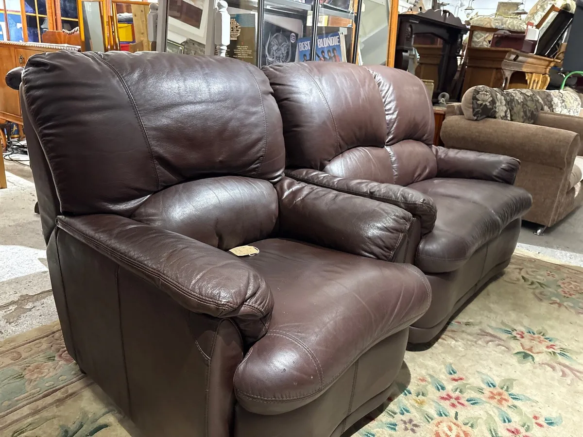 1 and 2 seater brown leather couch - Image 2