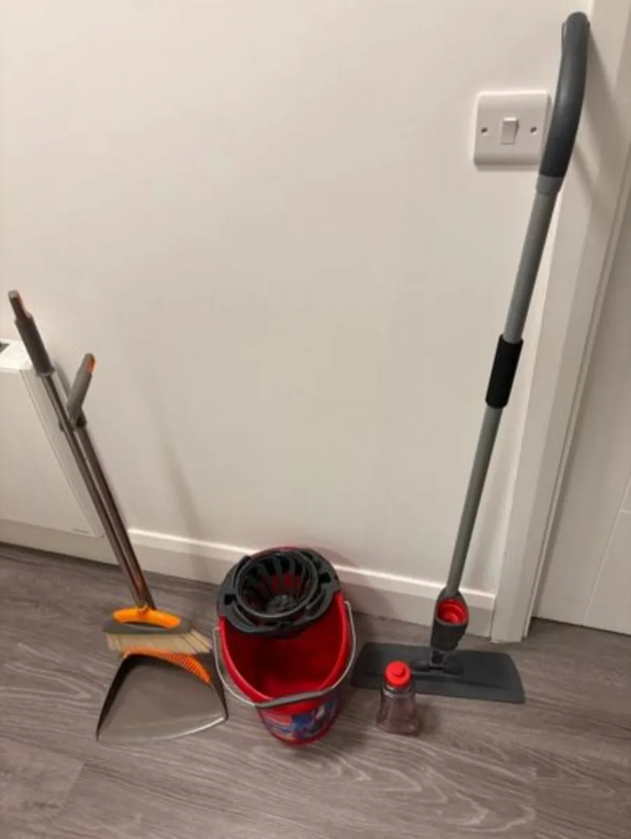 3 cleaning items: mop, bucket, broom and dustpan - Image 2