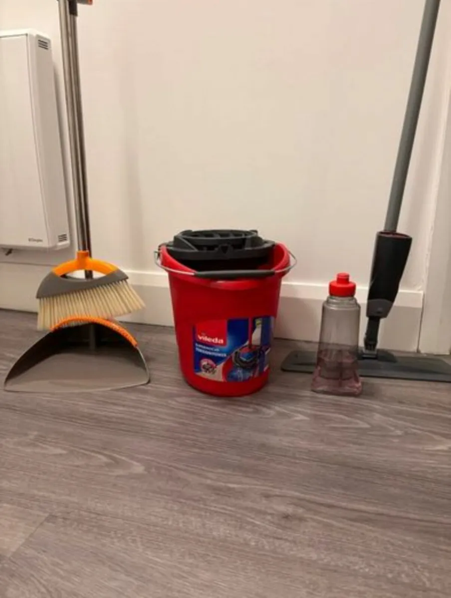 3 cleaning items: mop, bucket, broom and dustpan - Image 1