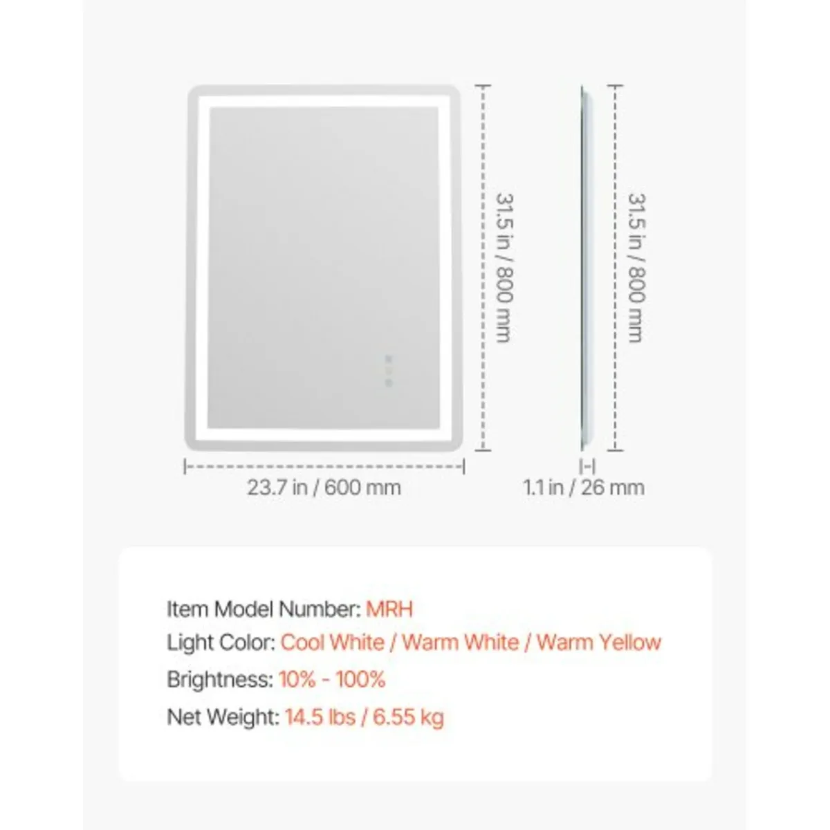 LED Bathroom Mirror, 60 x 80 cm LED Bathroom Vanit - Image 3