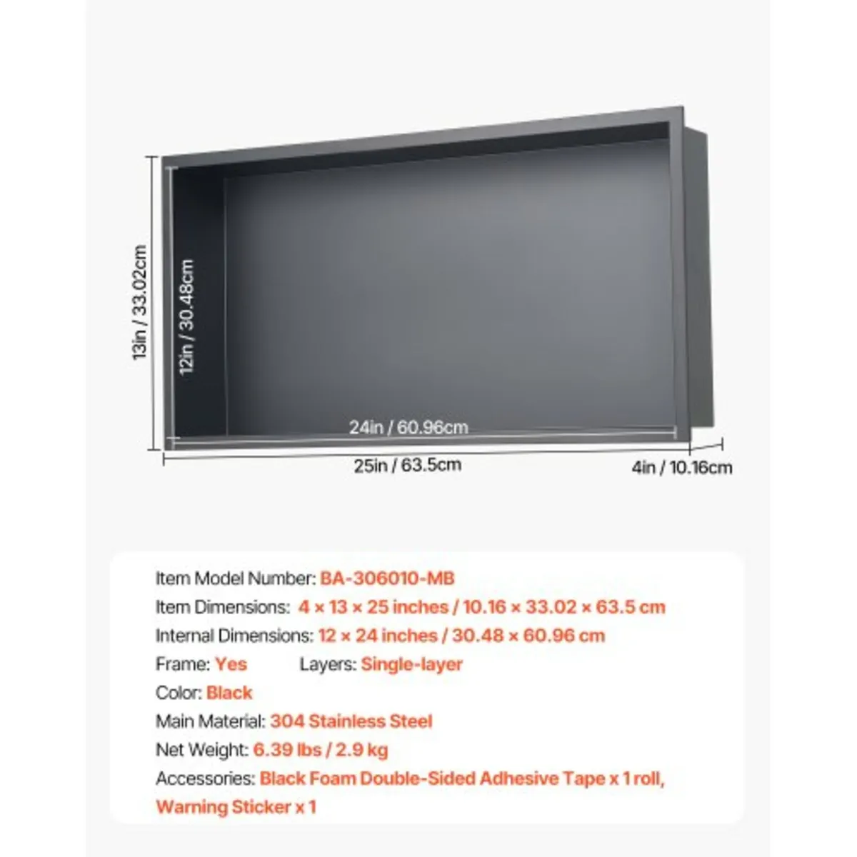 Shower Niche, 33.0 x 63.5 x 10.2 cm Recessed Wall - Image 3