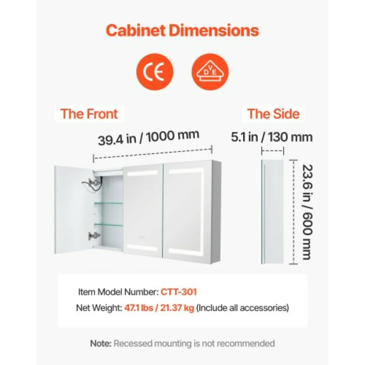 Lighted Medicine Cabinet with Mirror, 100 x 60 cm - Image 3