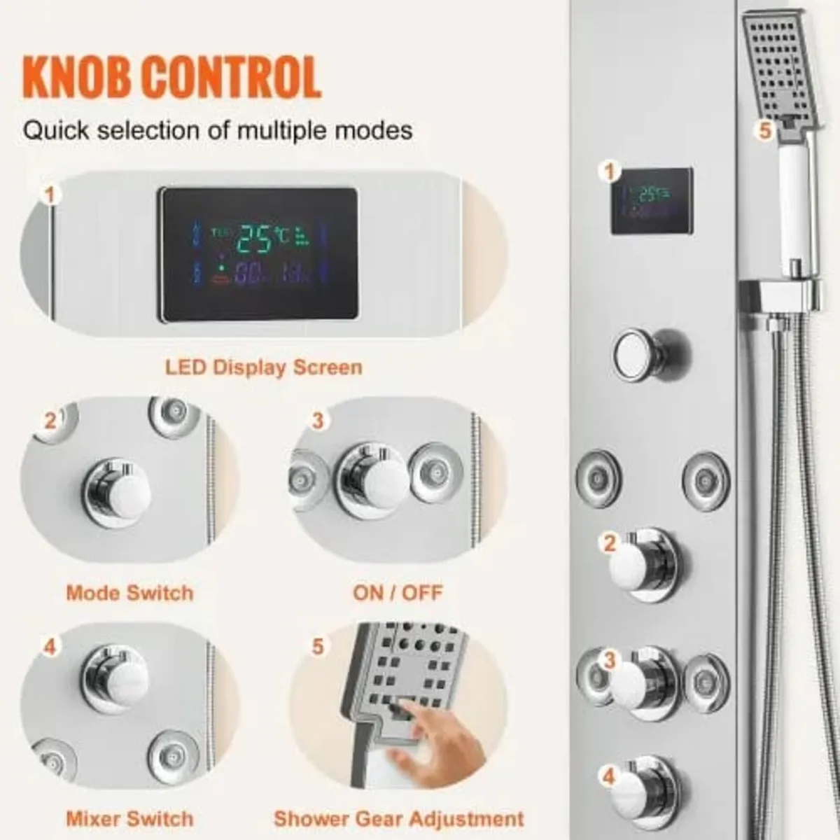 6 Shower Modes, LED & Screen Hydroelectricity Show - Image 2