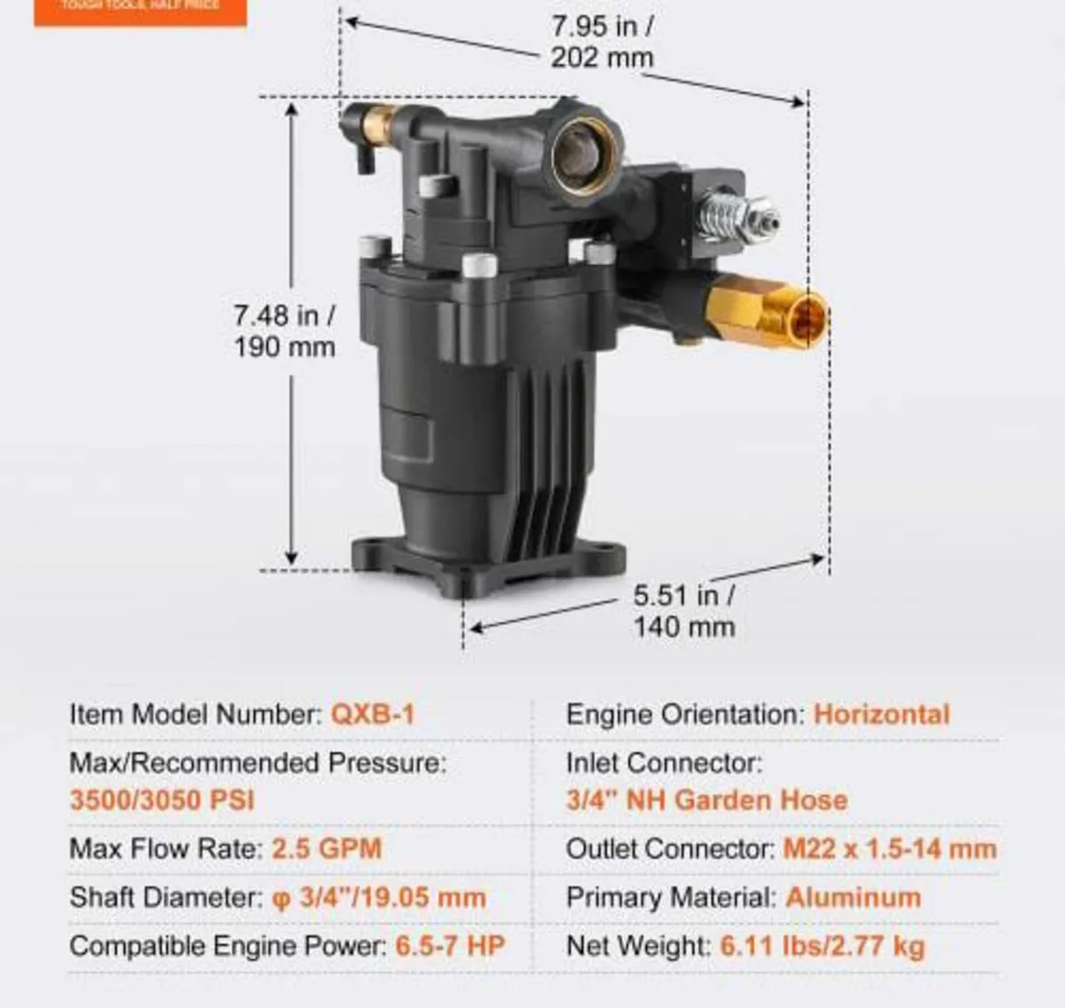 Pressure Washer Pump, 19mm(3/4") Shaft Horizontal, - Image 4