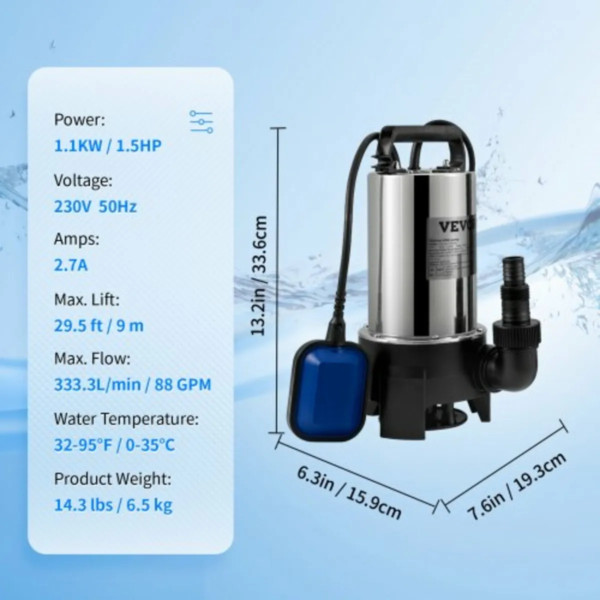 Submersible Water Pump, 1100W 20000L/H, with 10 m - Image 3