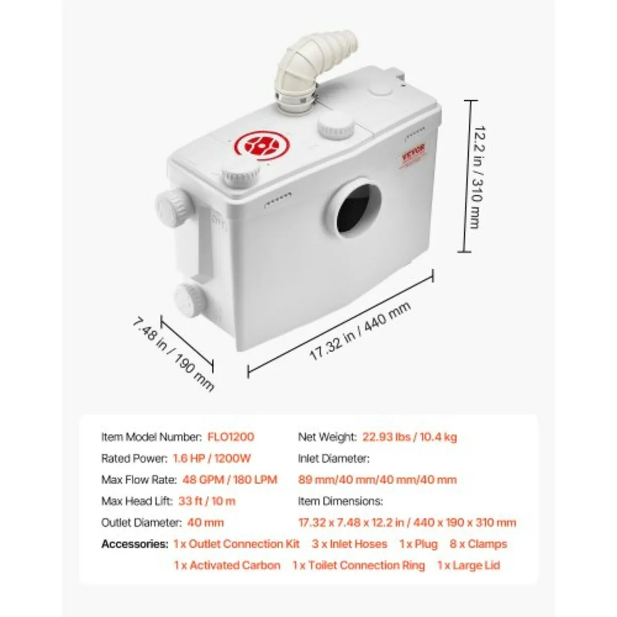 Macerator Pump, 1200W, 180 L/min(48 GPM) Flow, 33 - Image 3