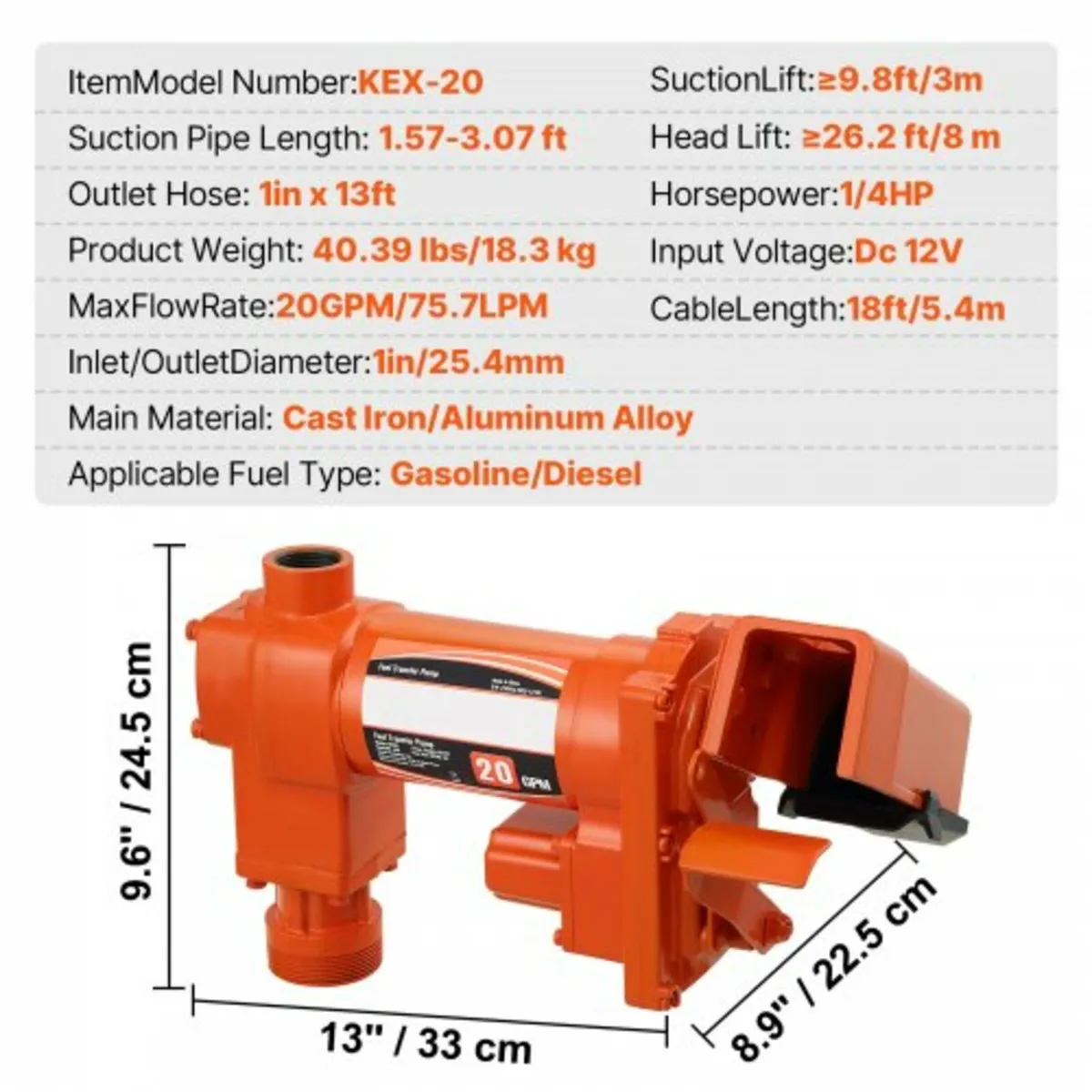 Fuel Transfer Pump, 12V DC 20 GPM 1/4 HP, Gasoline - Image 3