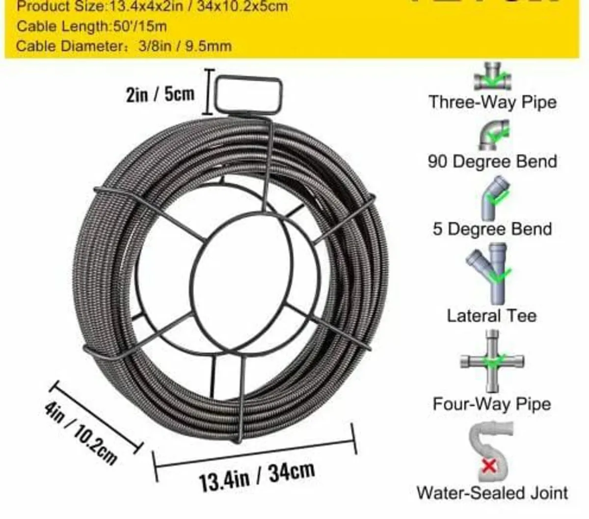 Drain Cleaning Cable 1524 cm x 1.0 cm Solid Core C - Image 3