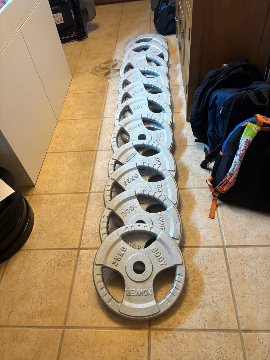 250 KILOS OF OLYMPIC WEIGHT PLATES, BARGAIN!!