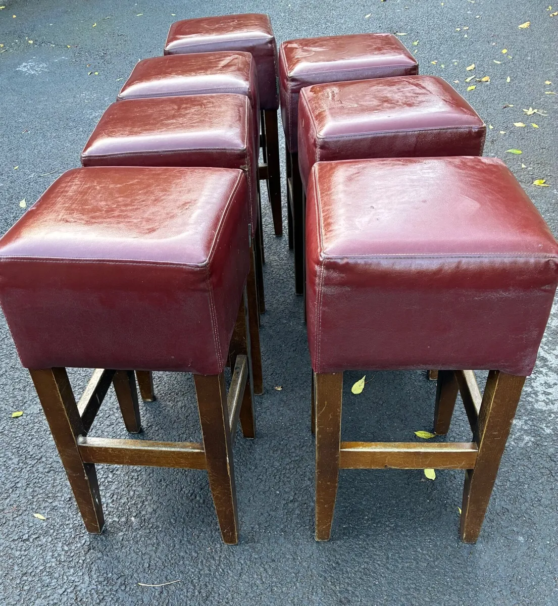 7 Vintage Wooden  Bar Stools, Leather Seats - Image 1