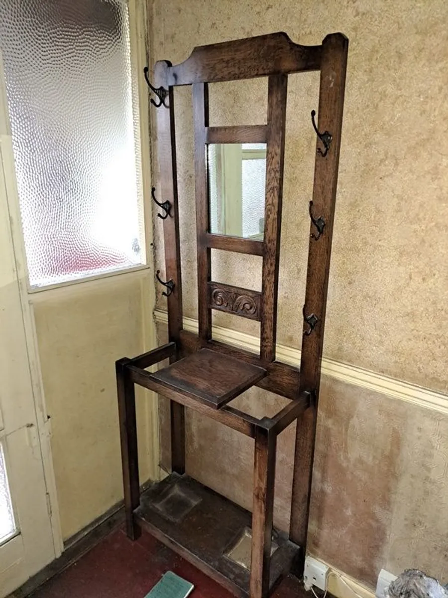 Oak hall stand with mirror hooks ornate