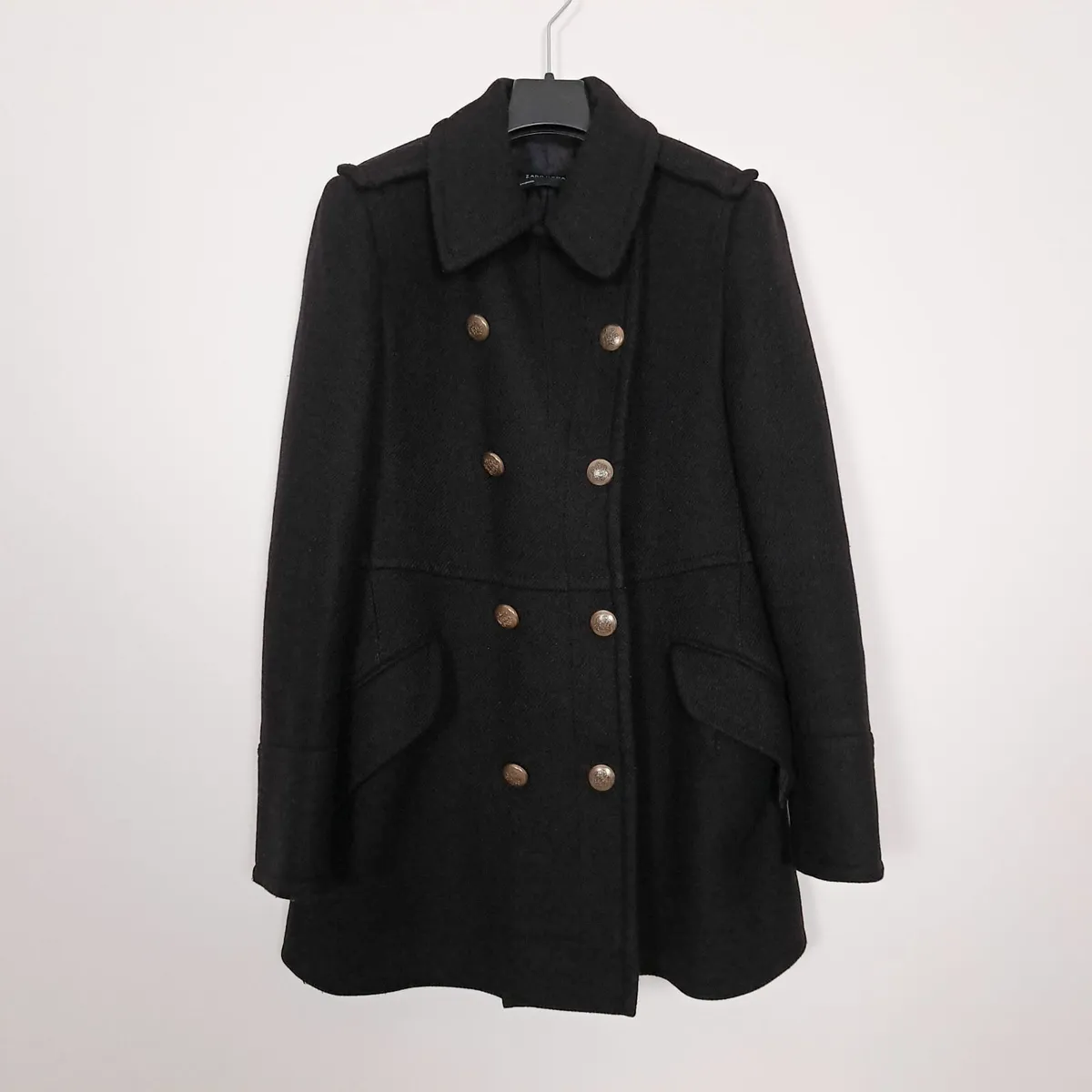 Zara Black Pea Coat Wool Blend Gold Buttons Size L - Image 1