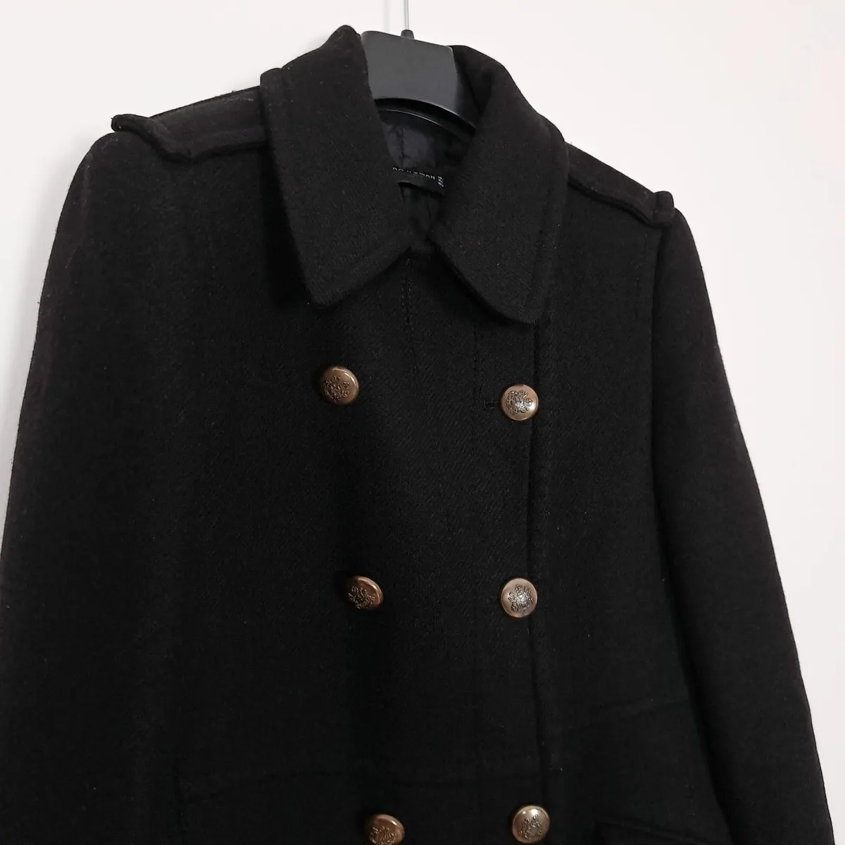 Zara Black Pea Coat Wool Blend Gold Buttons Size L - Image 3