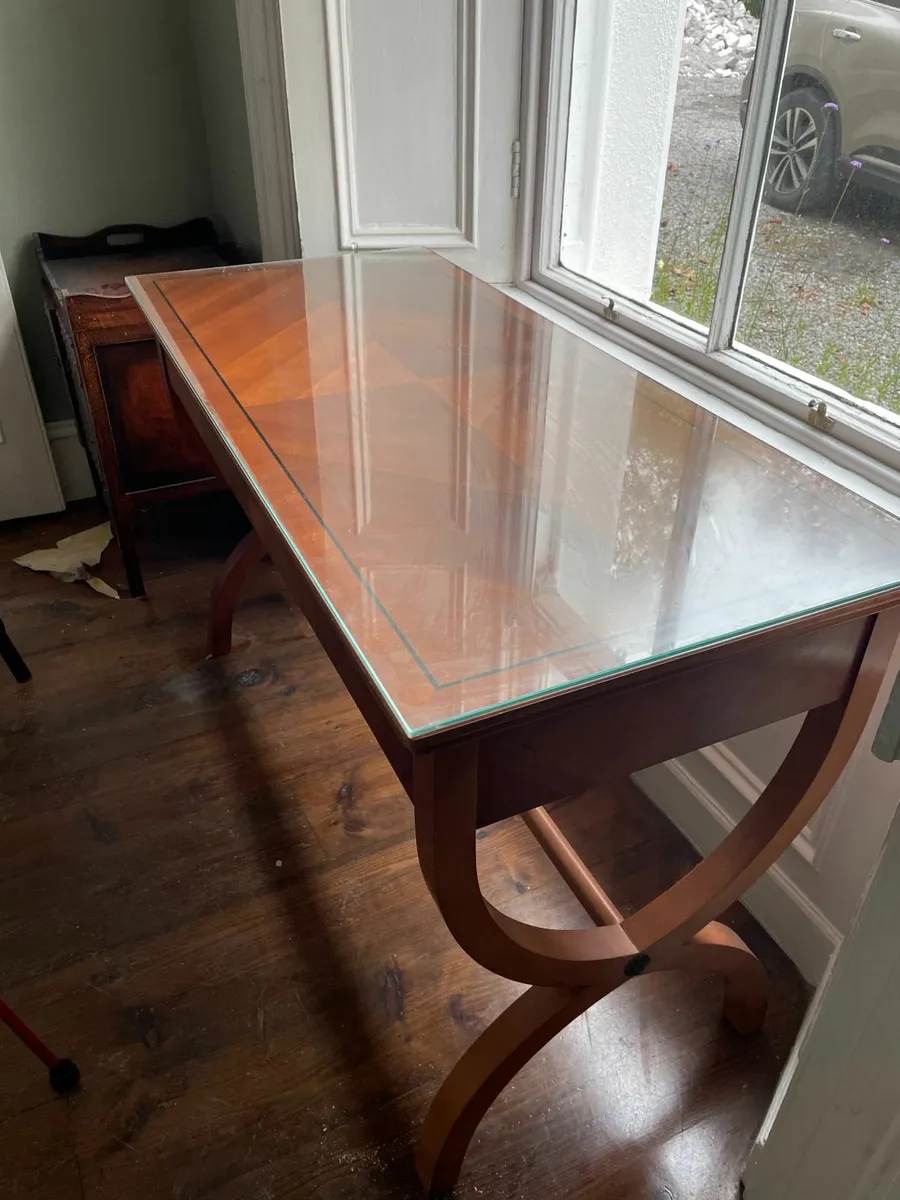 Vintage Inlaid Console Table with Glass Top - Image 1