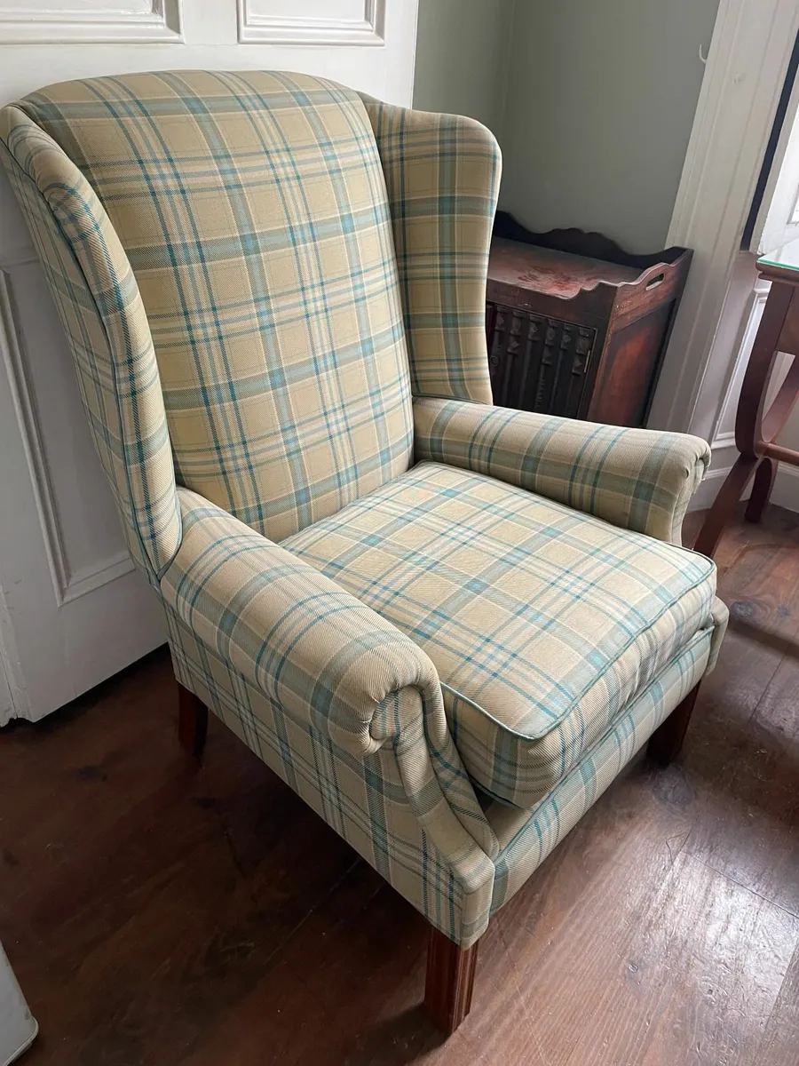 Classic Wingback Armchair in Cream & Blue Plaid - Image 1