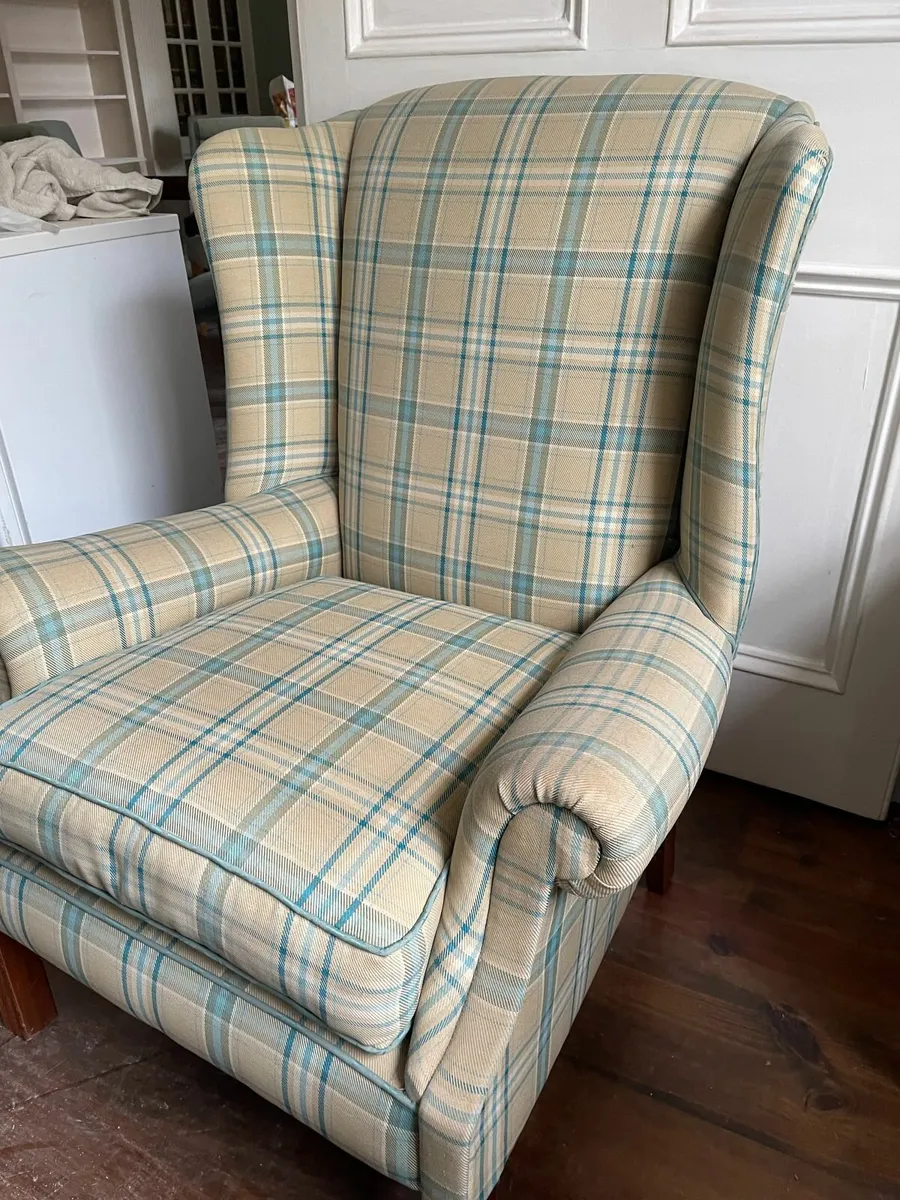 Classic Wingback Armchair in Cream & Blue Plaid - Image 2