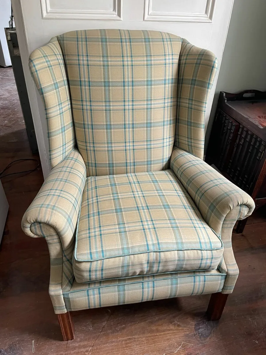 Classic Wingback Armchair in Cream & Blue Plaid - Image 3