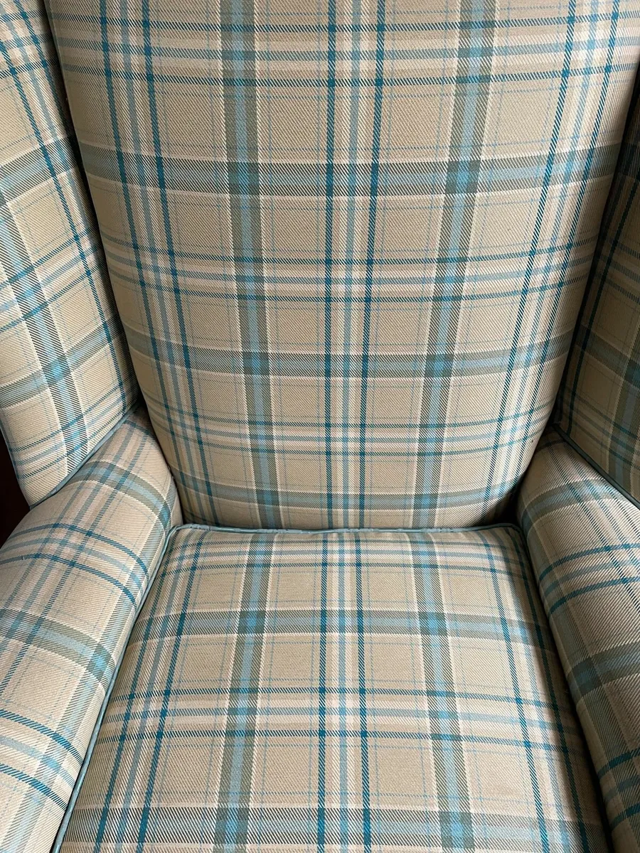 Classic Wingback Armchair in Cream & Blue Plaid - Image 4